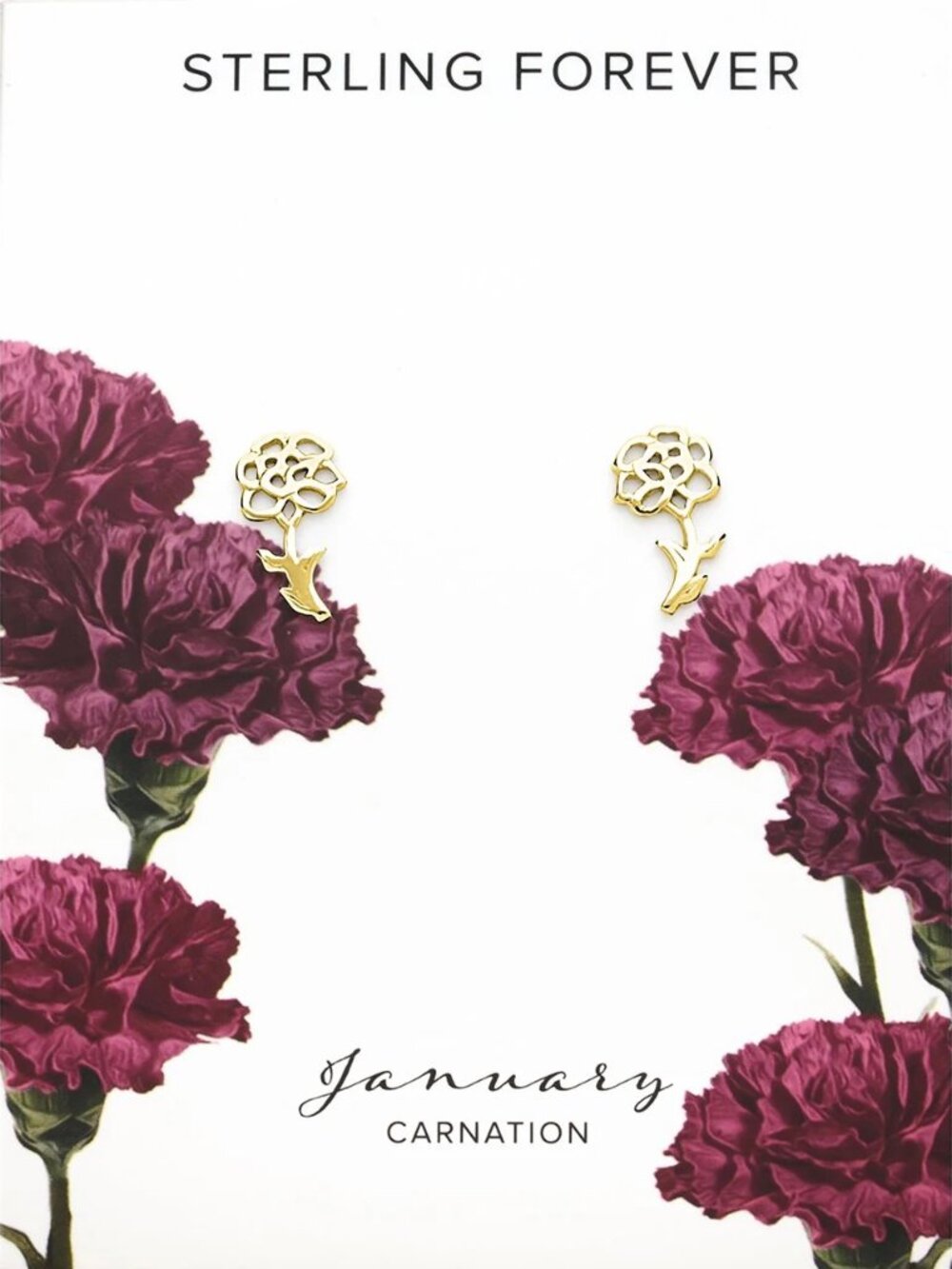 Sterling Forever 14K Gold January Birth Flower Carnation Earrings Waterproof NIB